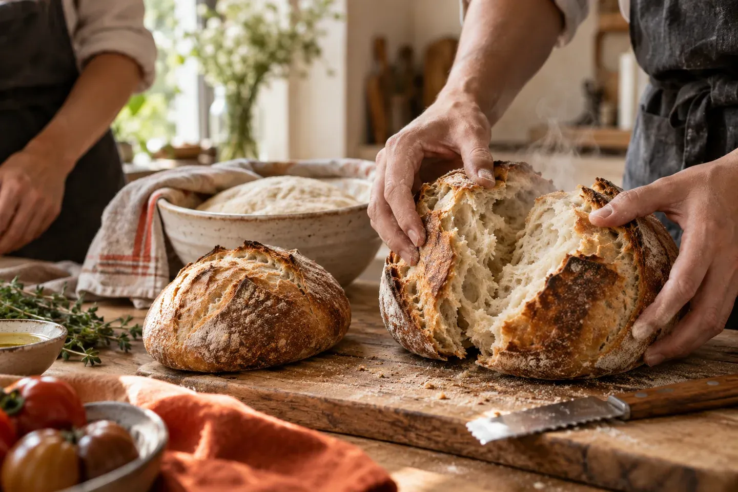 A freshly baked artisan loaf opened by the hands that made it.