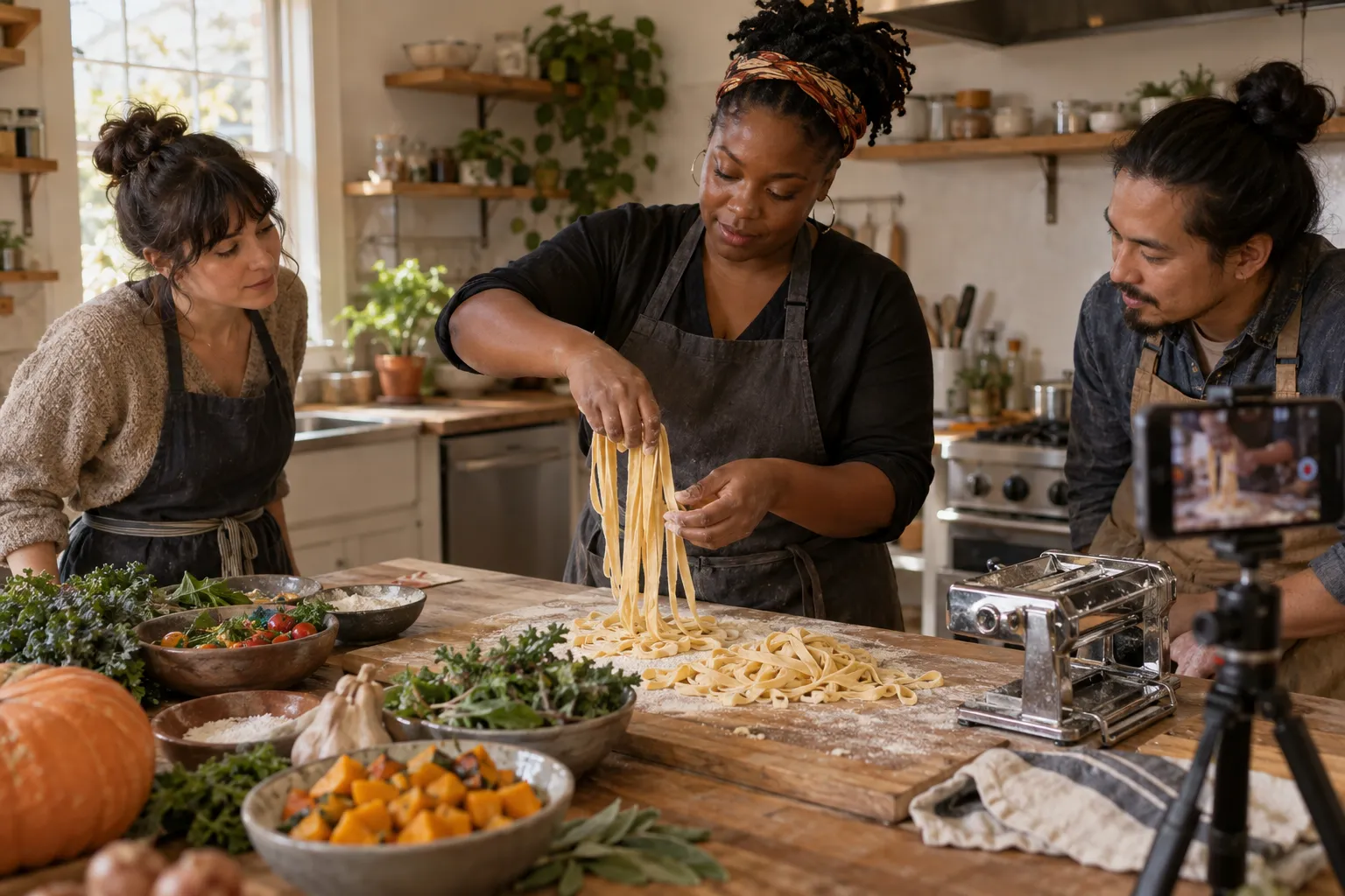 A chef teaching a small cooking class with a phone recording the lesson.