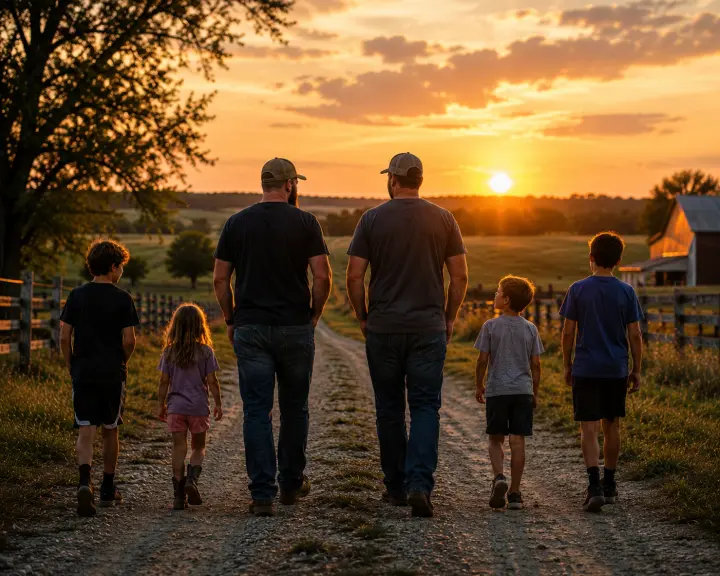 Two adults and four children walking along a farm lane at sunset.