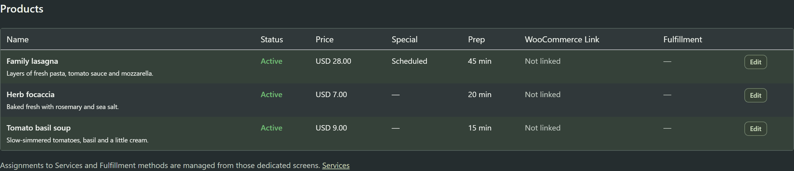 Food Operations product list with names, prices, preparation times and a scheduled Special.