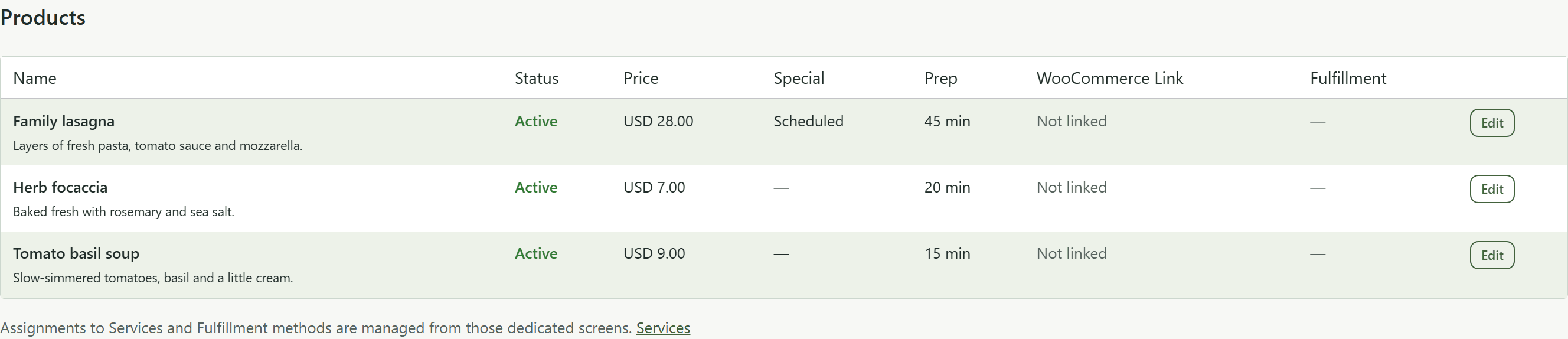 Food Operations product list with names, prices, preparation times and a scheduled Special.