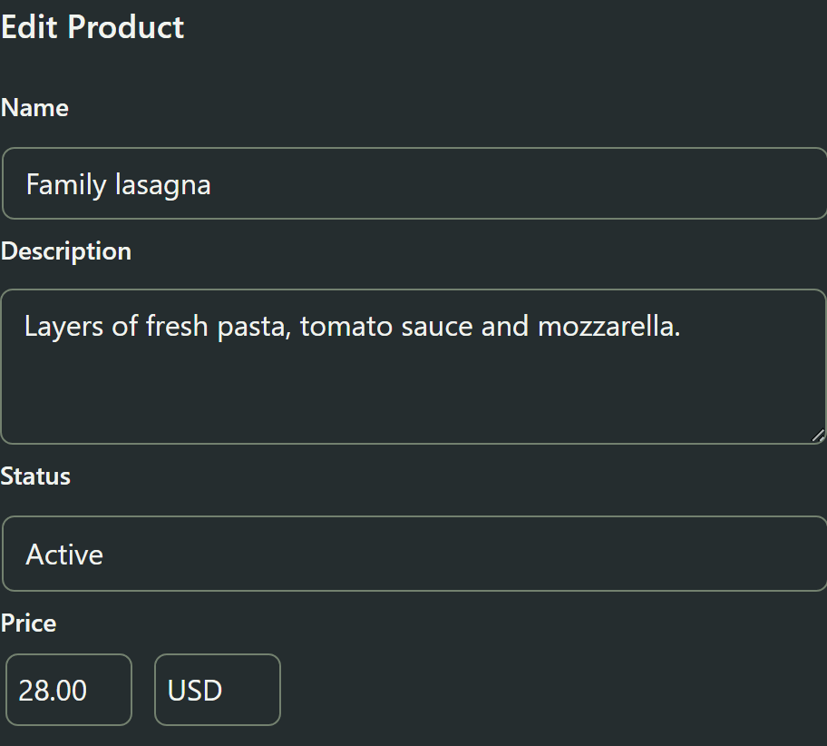 Food Operations product editor with a name, description, status and price.
