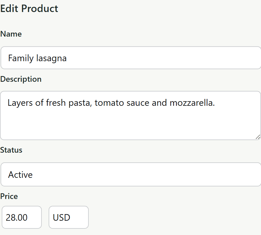 Food Operations product editor with a name, description, status and price.