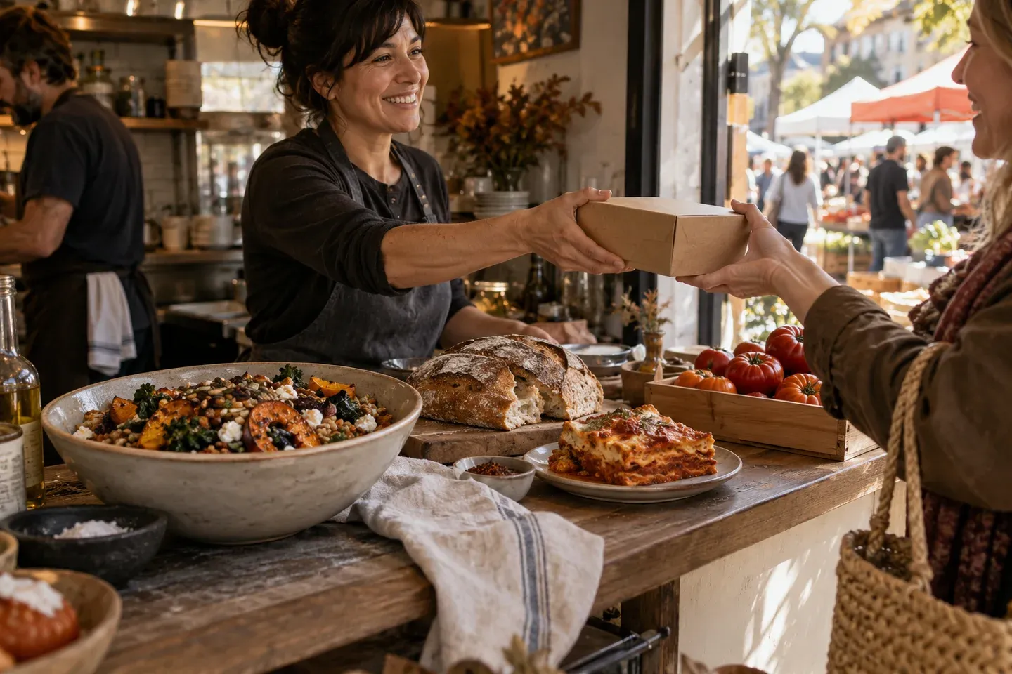 A local food maker handing a freshly prepared meal across a neighbourhood counter.
