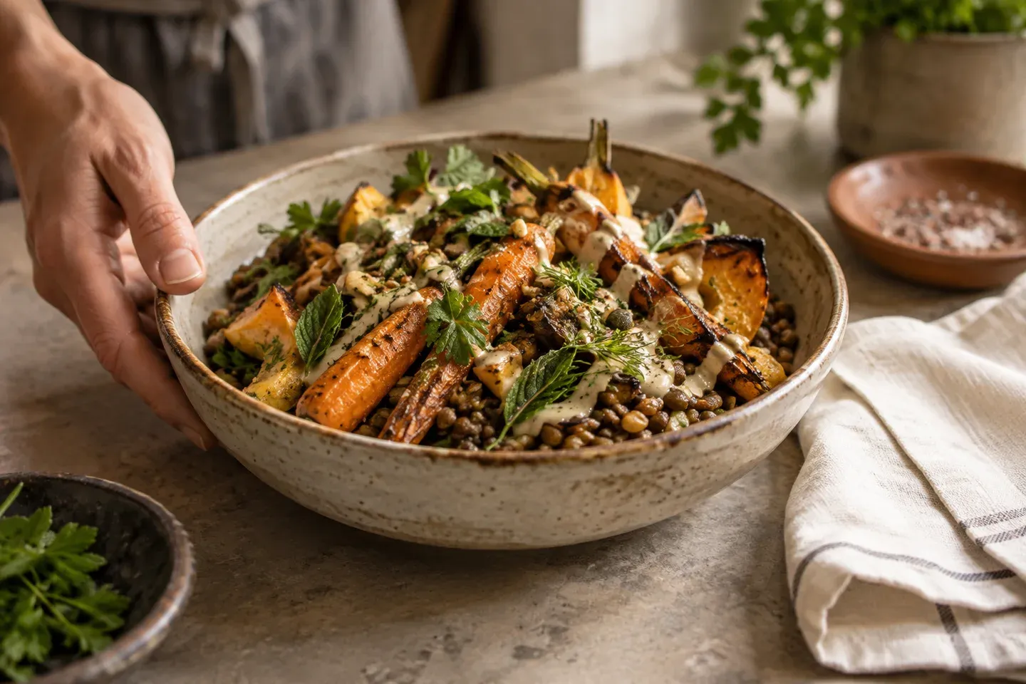 A freshly prepared grain bowl with roast vegetables, herbs and seeds.