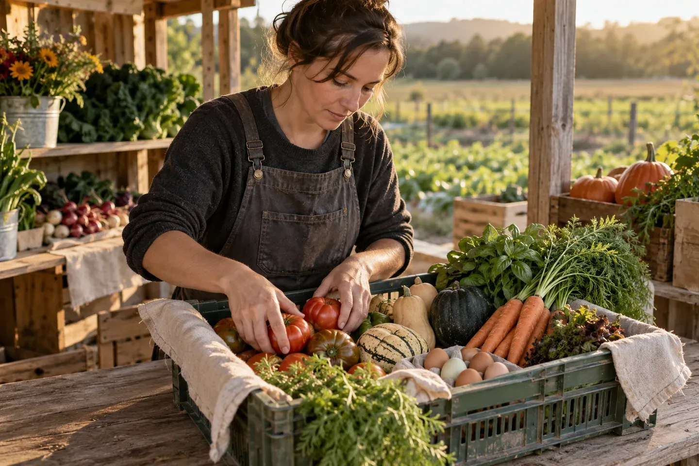 A grower packing fresh vegetables into a produce box.