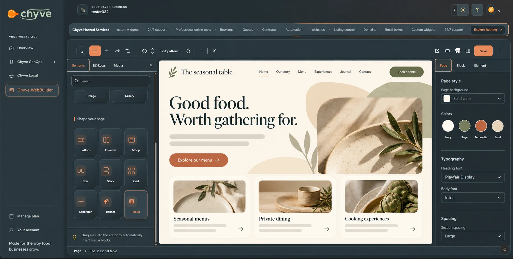 Chyve customer WebBuilder with a modern website canvas concept and both editing panels open.